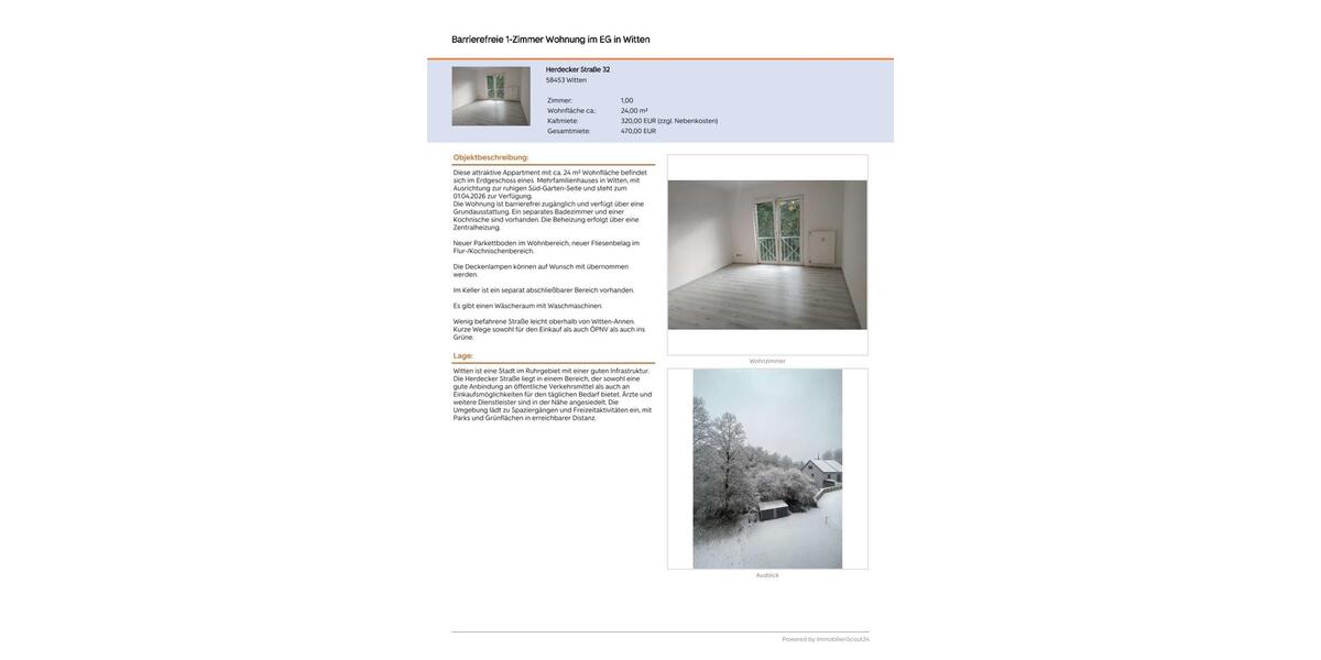 Erdgeschoßwohnung Witten Annen - 1 Zimmer, 24 m&sup2;, 320&euro; | Angebot:25957363