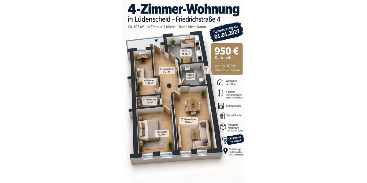 Etagenwohnung Lüdenscheid - 4 Zimmer, 103 m&sup2;, 950&euro; | Angebot:27632219