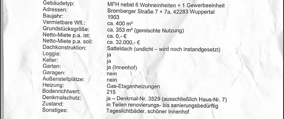 Mehrfamilienhaus, Wohnhaus Wuppertal Barmen - 1 Zimmer, 400 m&sup2;, 650.000&euro; | Angebot:26592924